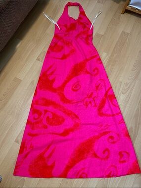 Vintage 1970s Fumi’s Original Honolulu Halter Maxi Dress Hot Pink Pattern XS
